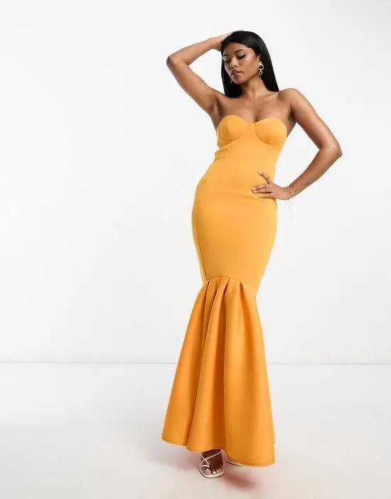 premium bandeau peplum hem maxi dress in marigold orange