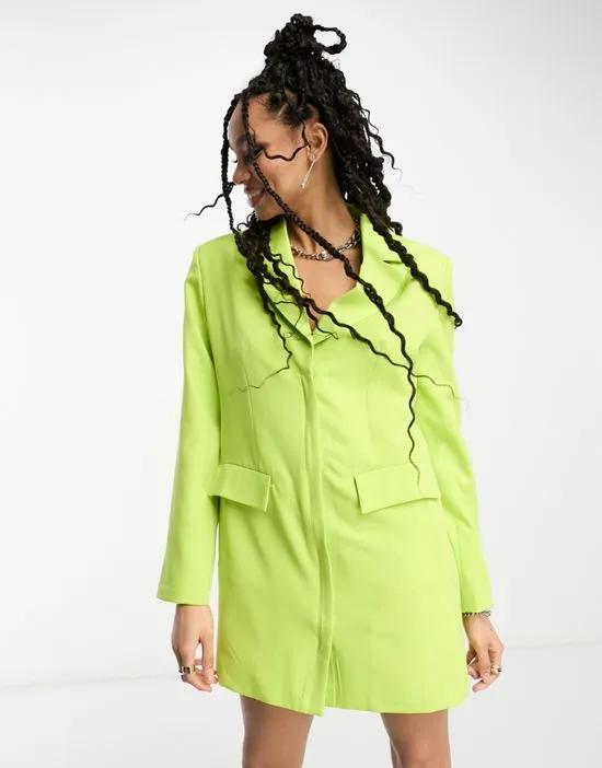 Premium boxy blazer dress in chartreuse with button details