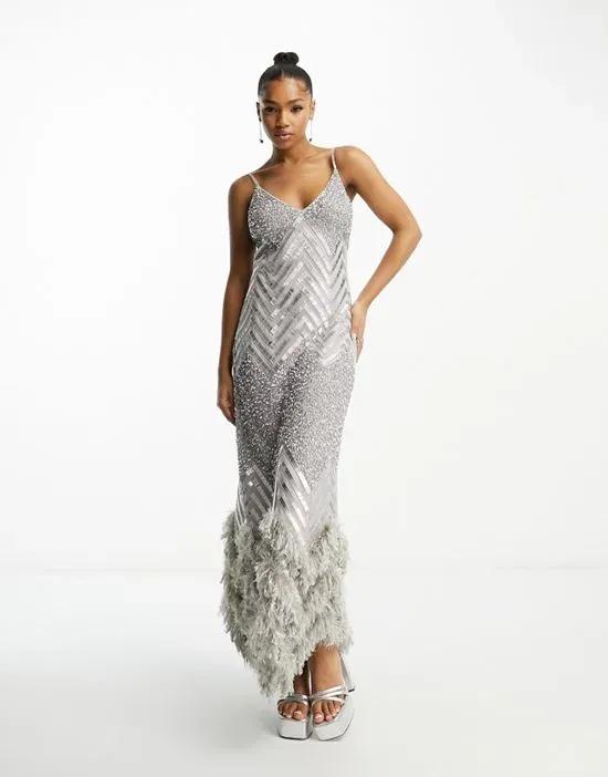 Premium bridal embellished maxi dress with faux feather trim detail in silver
