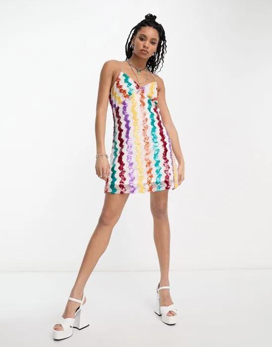 Premium cami mini dress in rainbow swirl sequin with diamante straps