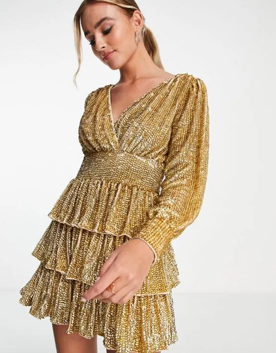 Premium embellished sequin tiered mini dress with long sleeves in gold