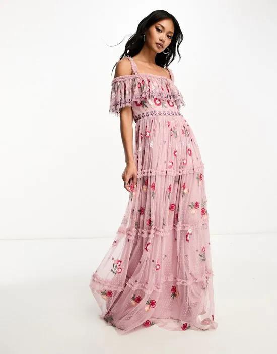 Premium embroidered bardot maxi dress with full skirt in pink multi