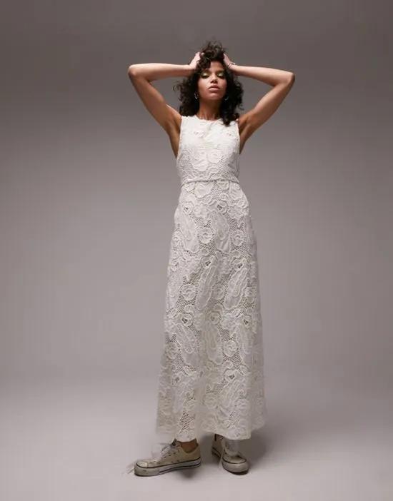 premium embroidered cut out back maxi dress in ivory