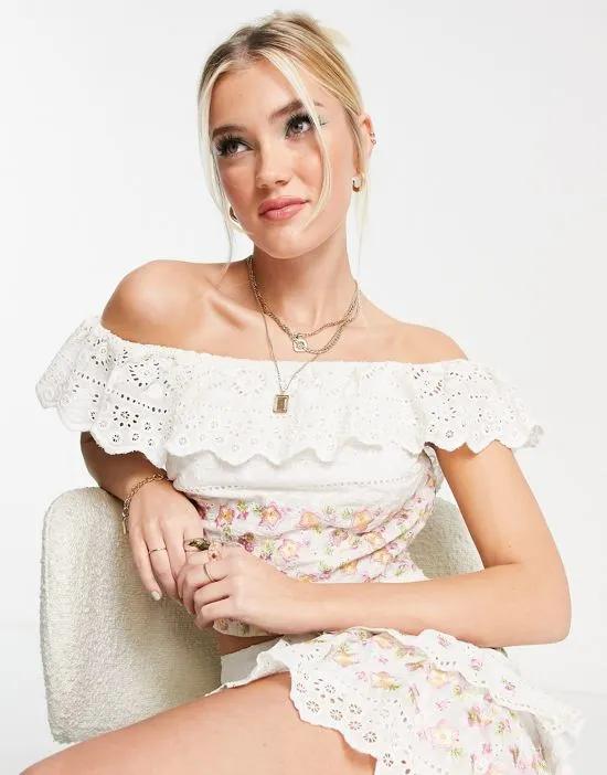 premium embroidered floral bardot crop top in ivory