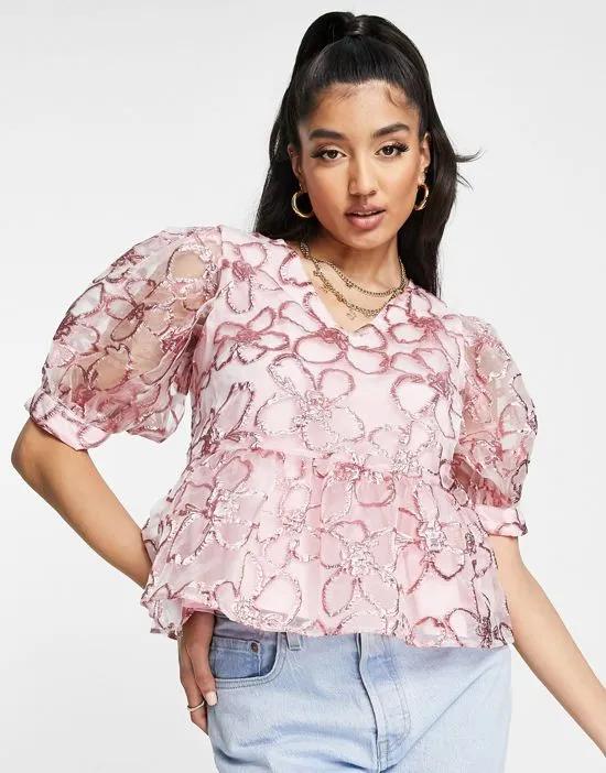 Premium embroidered floral puff sleeve peplum top in pink