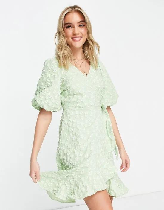 Premium embroidered wrap puff sleeve mini dress in green