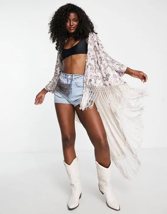 Premium festival embellished paisley drop hem top with fringing in ivory
