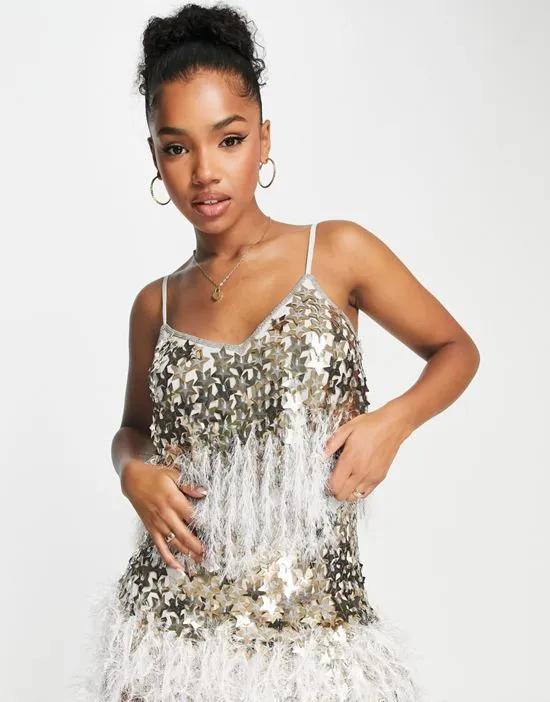 Premium festival star sequin crop top with faux feather trim in gold - part of a set