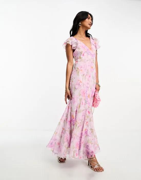 premium floral asymmetric hem midi dress in light pink