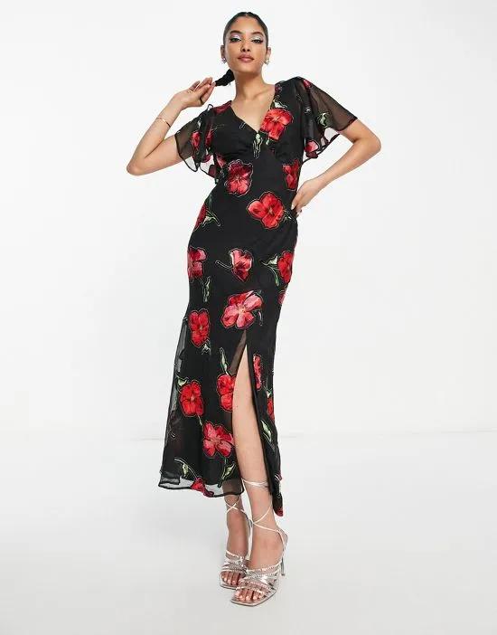 premium fluted sleeve maxi dress with cut out back in jacquard rose print