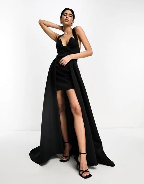 premium halter V-neck maxi dress with exaggerated outer skirt in black