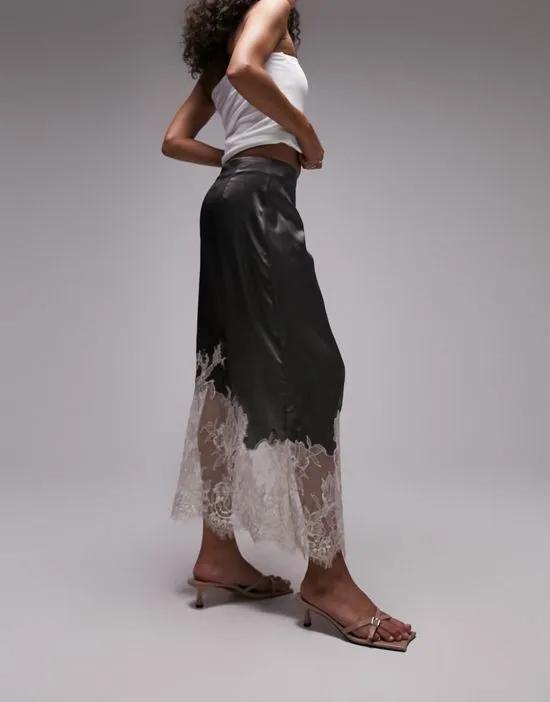 premium lace insert midi skirt in charcoal and cream