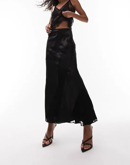 premium lace satin midi skirt in black