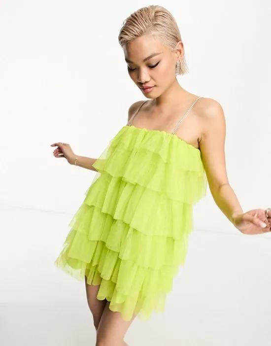 Premium mini cami dress in tiered chartreuse tulle