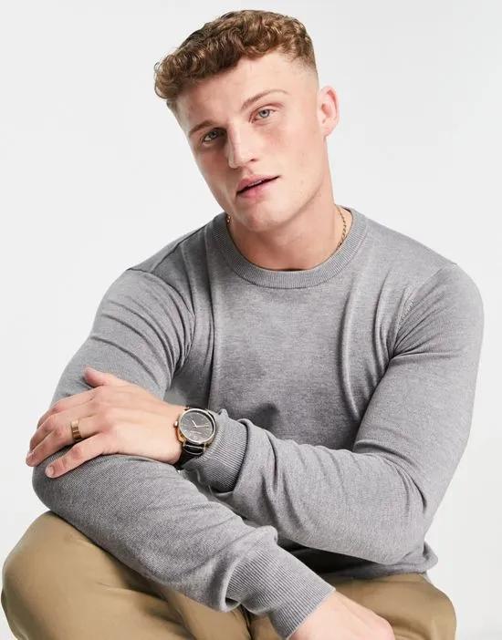 premium muscle fit stretch crew neck fine gauge sweater in gray
