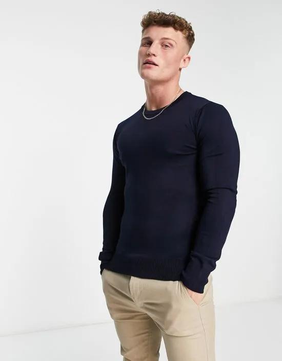premium muscle fit stretch crew neck fine gauge sweater in navy
