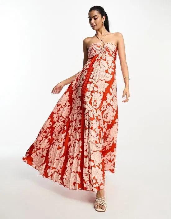 premium occasion halterneck maxi dress in red floral print