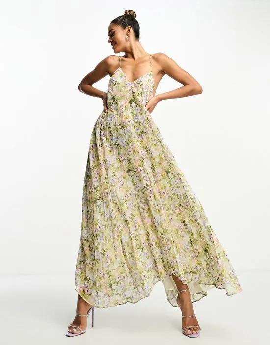 premium pleated maxi dress with backless detail in floral