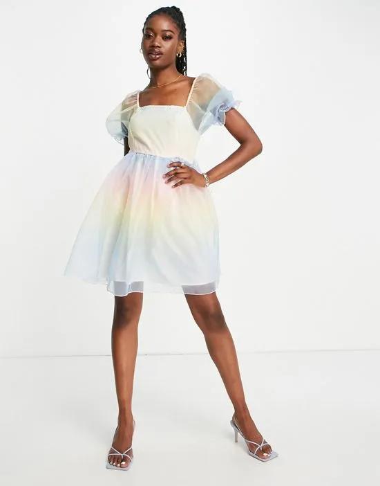 Premium puff sleeve organza mini dress in ombre pastel rainbow