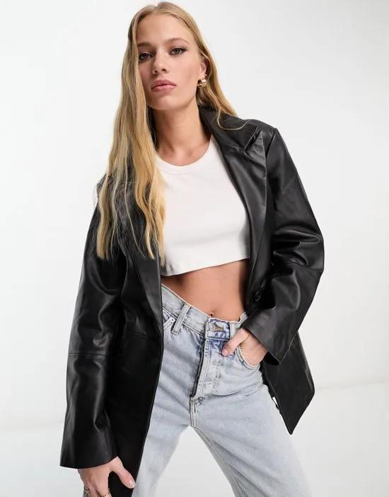 premium real leather belted mum jacket in black