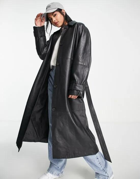 premium real leather trench coat in black
