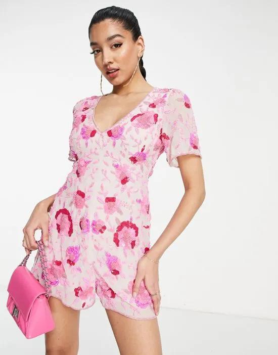 Premium sequin angel sleeve backless romper in pink floral