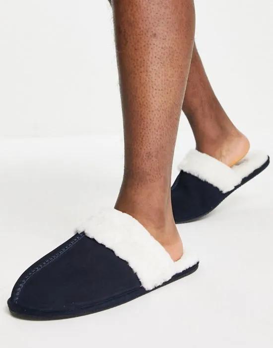 premium sheepskin slippers in navy with cream lining