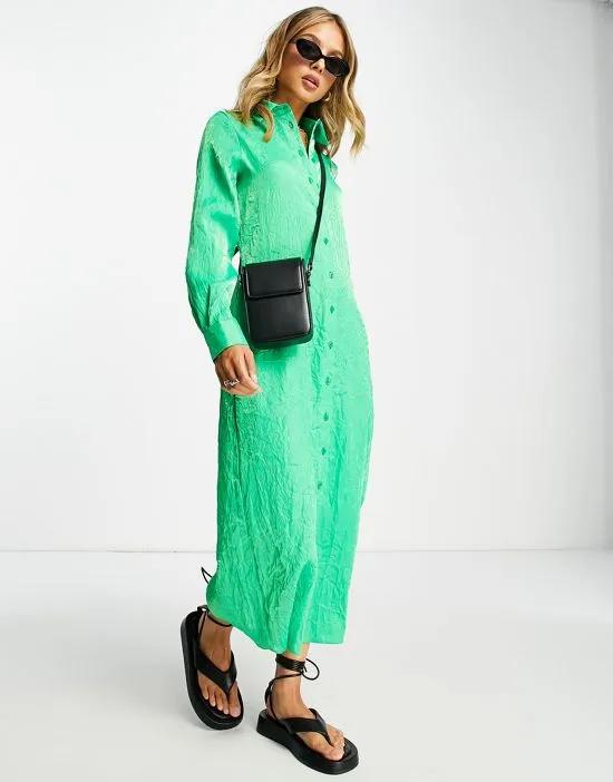 premium textured midi shirt dress in green