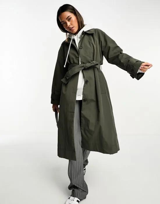 premium top collar trench in dark olive