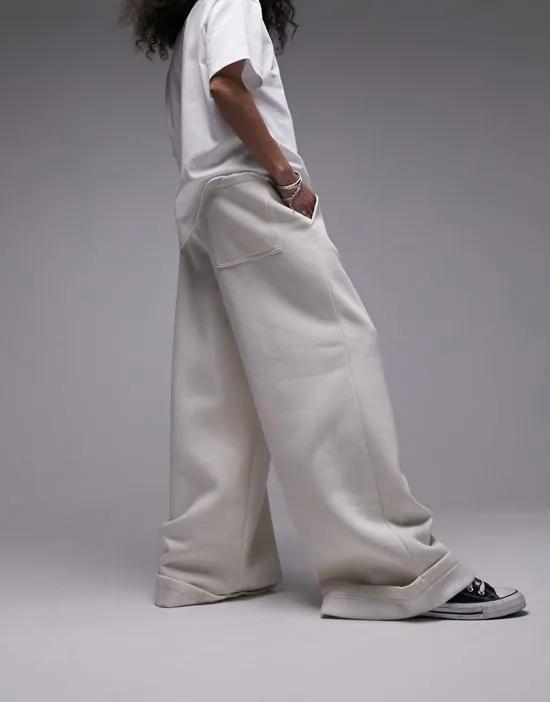 Premium wide leg turn-back hem sweatpants in ecru