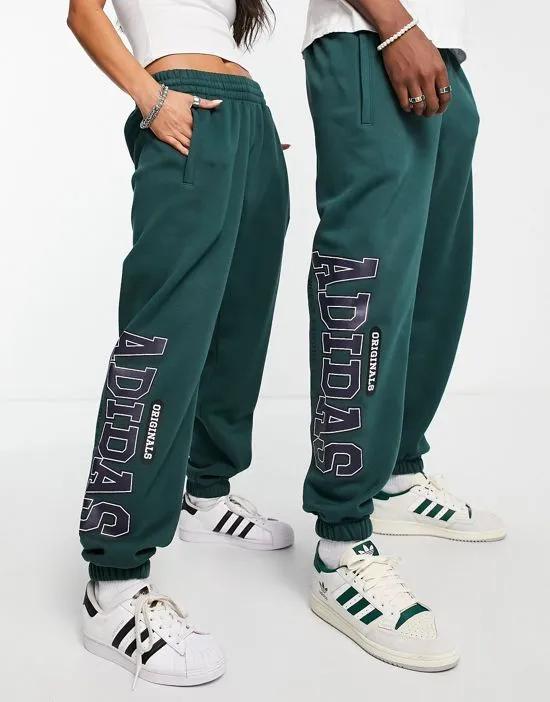 Preppy Varsity large logo oversized sweatpants in dark green