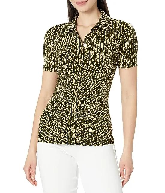 Print Button Front Ruched Top