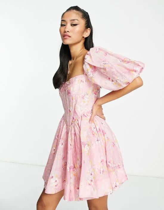 printed corset mini dress in dusty rose floral