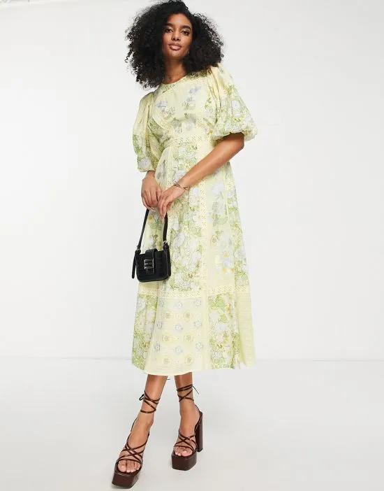 printed embroidered midi dress with lace inserts and tie back in yellow