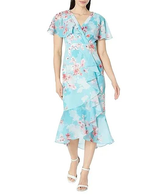 Printed Floral Flutter Sleeve Dress with Cascade & Ruffle Hem