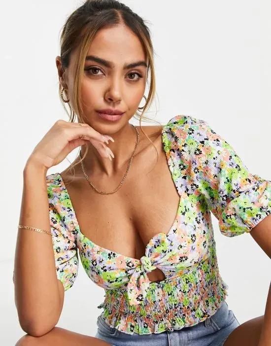 printed floral knot tie front top