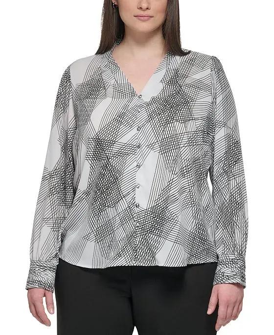 PRINTED LONG SLEEVE V-NECK WITH BUTTON FRONT DETAIL