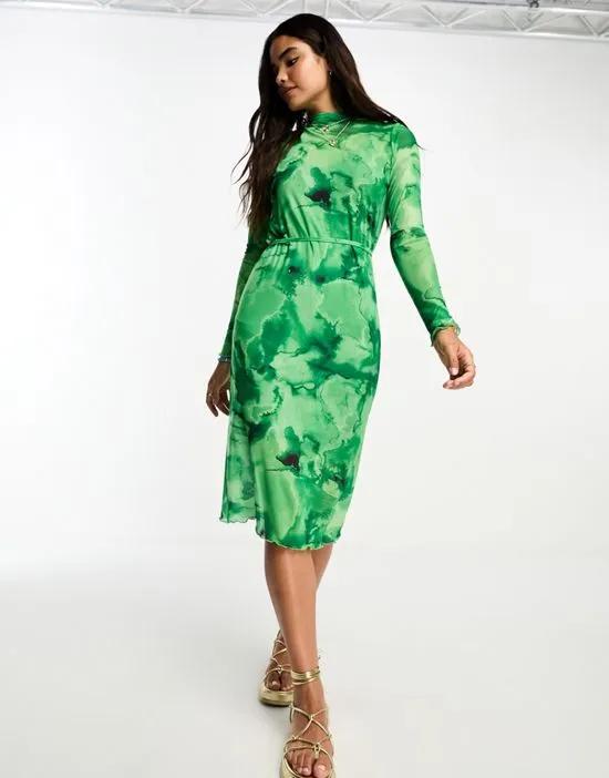 printed mesh midi dress in green