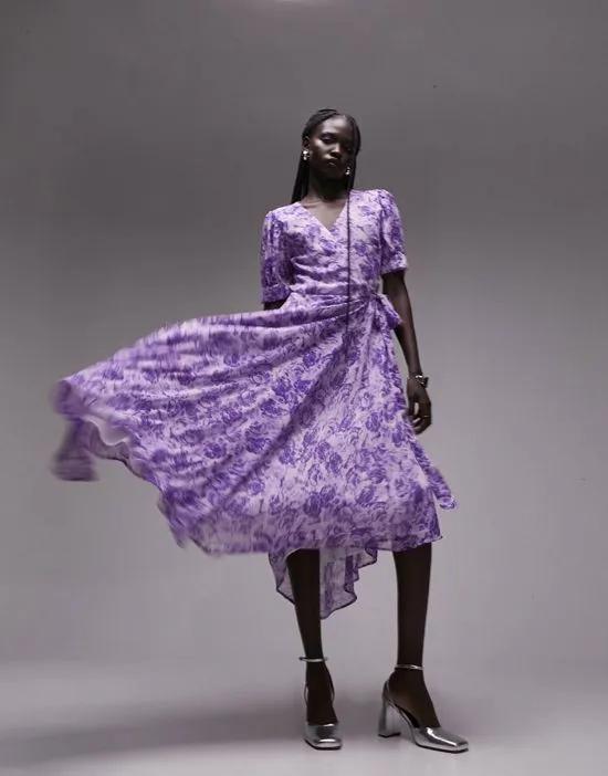 printed occasion midi wrap dress in purple floral