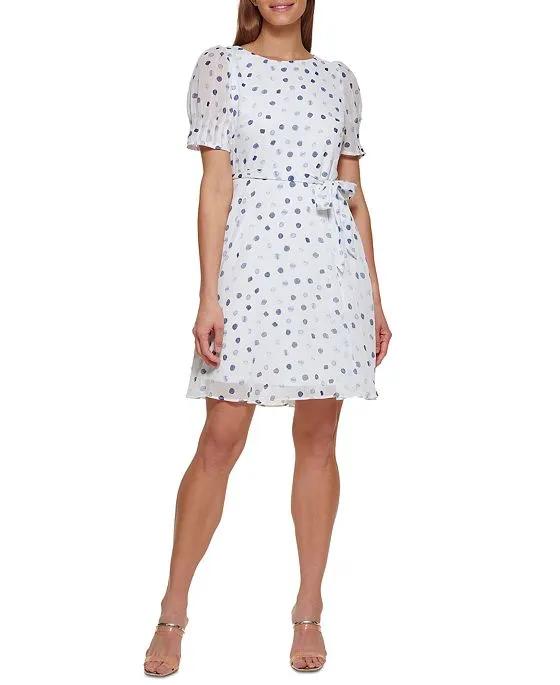 Printed Puff-Sleeve Fit & Flare Dress