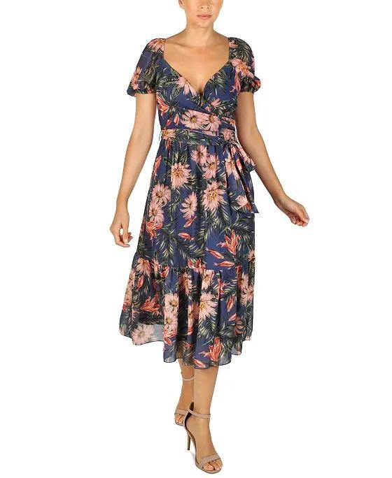 Printed Puff-Sleeve Fit & Flare Dress