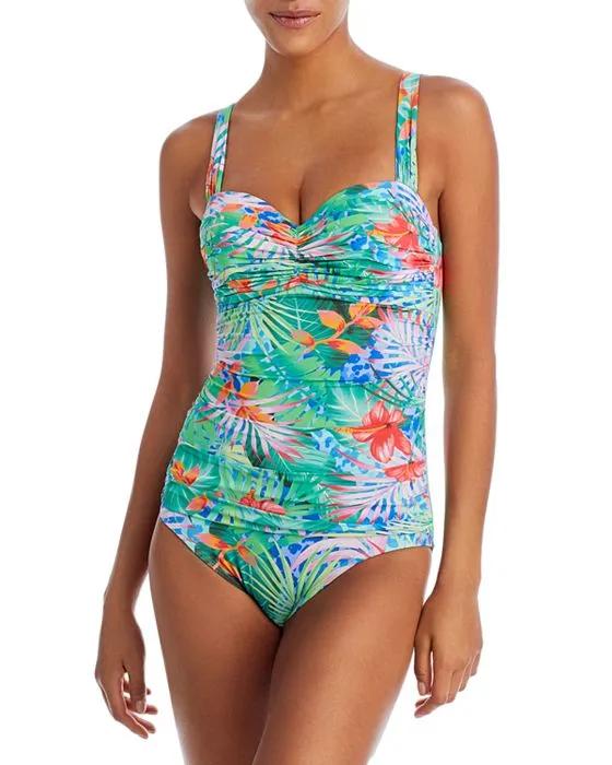 Printed Ruched Bandeau One Piece Swimsuit