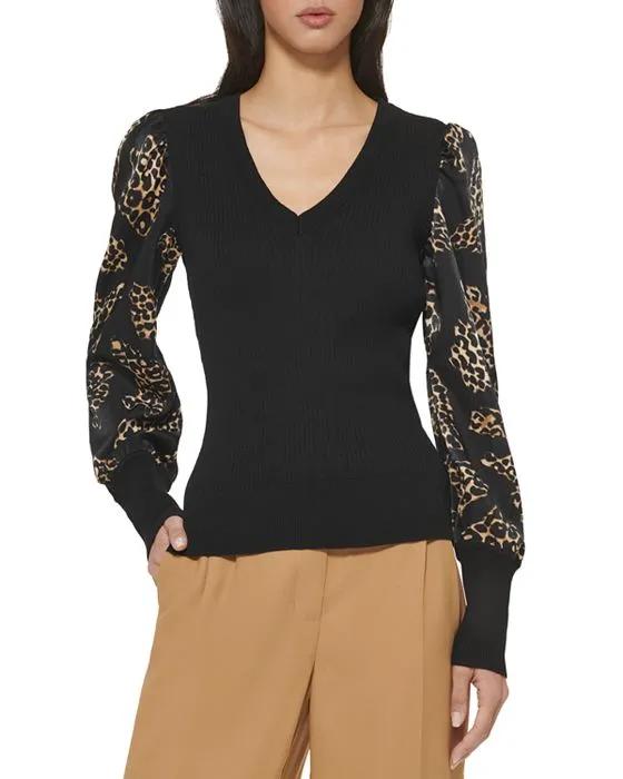 Printed Satin Sleeve Sweater