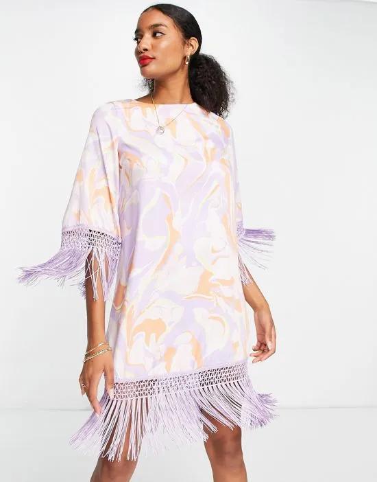 printed shift dress with fringing in pink