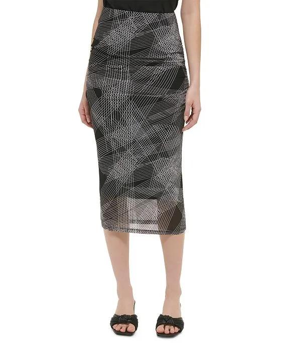 Printed Shirred Midi Pencil Skirt 