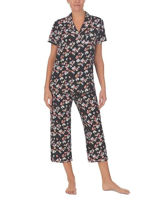 Printed Short Sleeve Notch-Collar Cropped Pajama Set