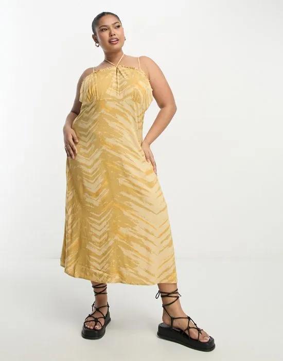 printed strappy midi dress in mustard