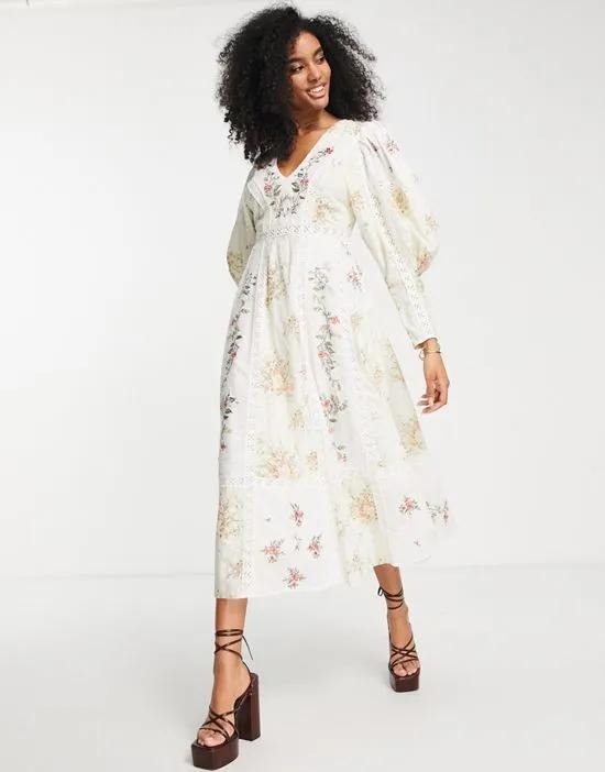 printed v front embroidered midi dress with lace inserts in cream