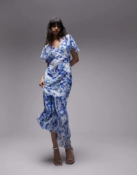 printed V-neck flutter sleeve occasion maxi dress in blue
