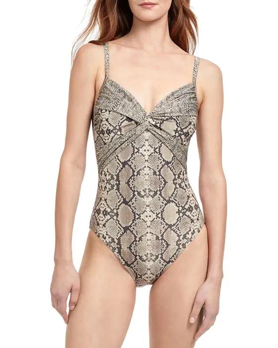 Printed V Neck One Piece Swimsuit 